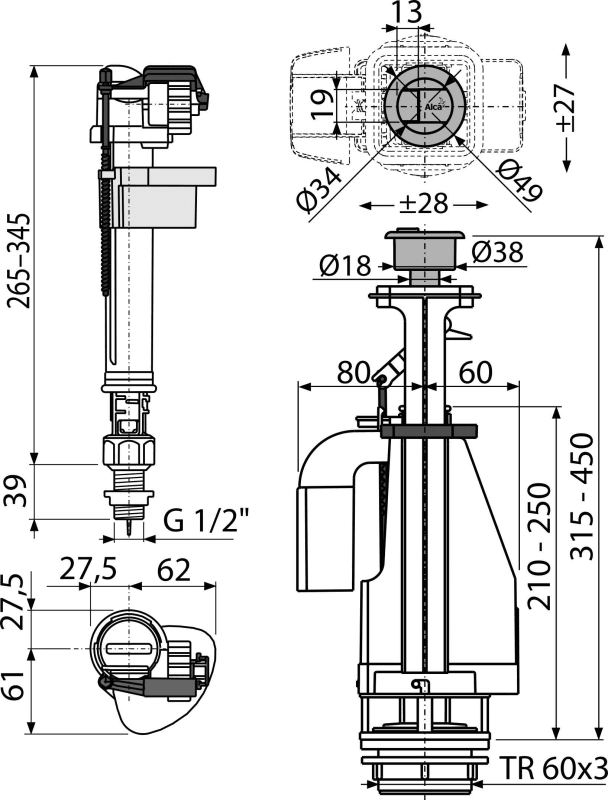 SA08ASK 1/2'' CHROM Выпускной комплект с двойной кнопкой,впускной механизм А18 1/2, A08A. SA08ASK 1/2