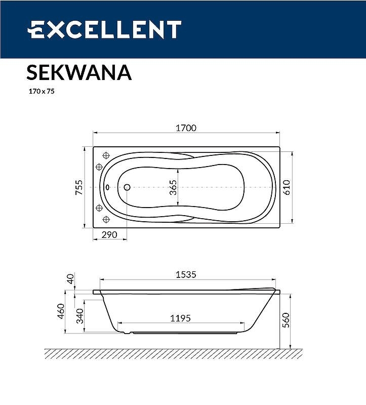 Акриловая ванна Excellent Sekwana 170х75 белая с гидромассажем WAEX.SEK17.NANO.CR - 1