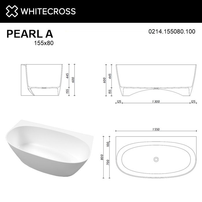 Ванна из литьевого мрамора Whitecross Pearl A 155х80 белая глянцевая 0214.155080.100 - 2