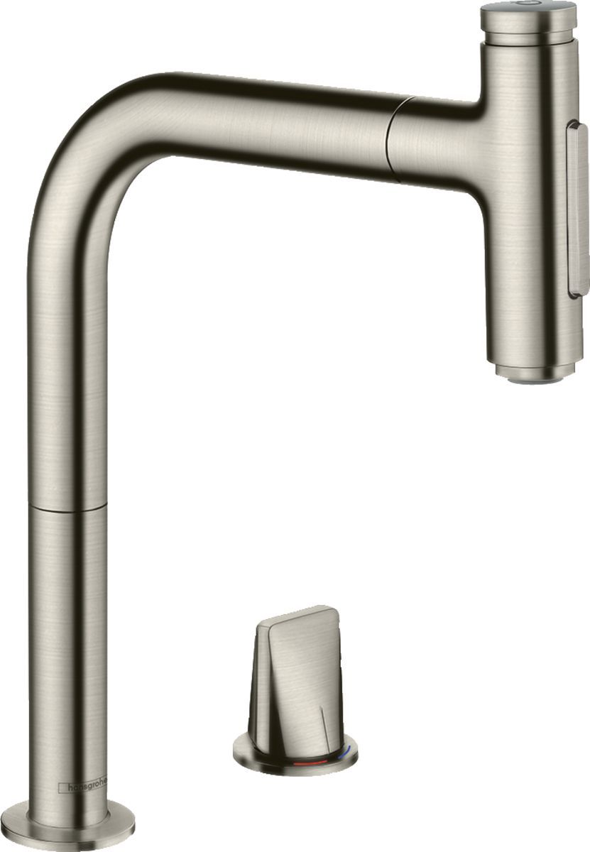 Кухонный смеситель Hansgrohe Metris Select M71 на 2 отверстия, однорычажный, 200, с вытяжным душем, 2jet, sBox, под сталь 73818800 - 0
