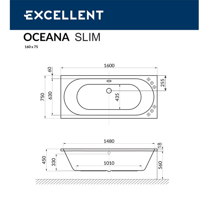Ванна акриловая Excellent Oceana Slim Line 160х75 с гидромассажем белый - хром WAEX.OCE16S.LINE.CR - 7