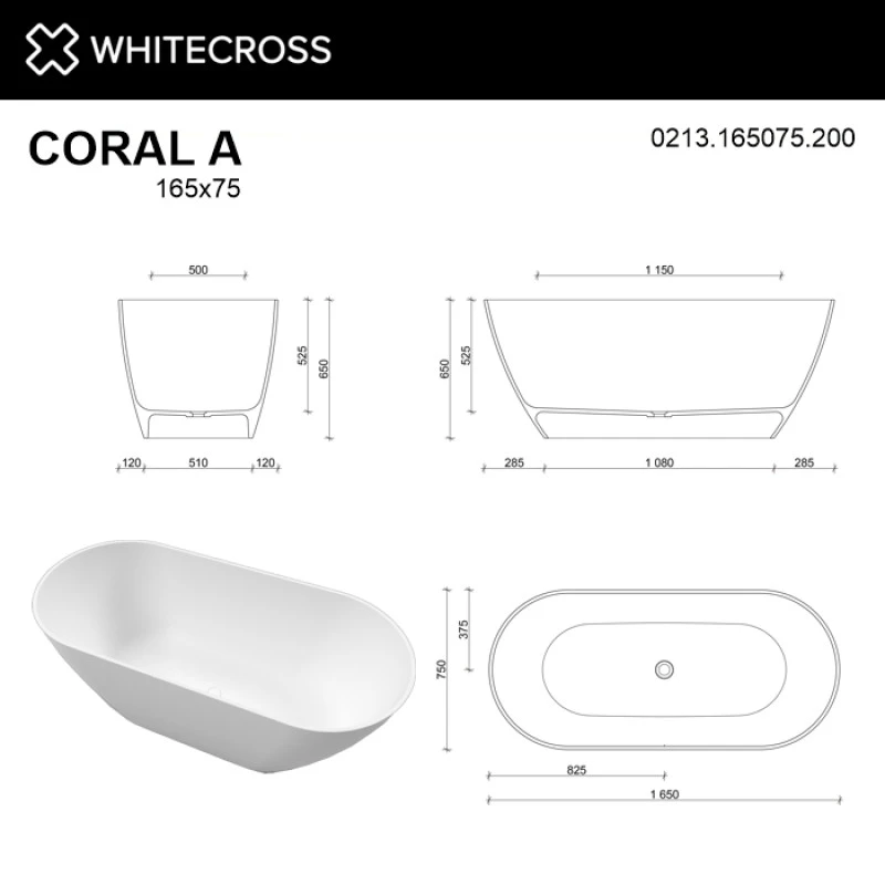 Ванна из литьевого мрамора Whitecross Coral A 165х75 белая матовая 0213.165075.200 - 3