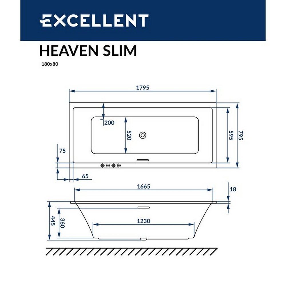 Ванна акриловая Excellent Heaven Slim Line 180х80 с гидромассажем белый - хром WAEX.HEV18S.LINE.CR - 3