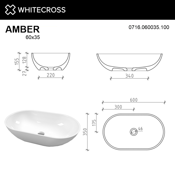 Раковина накладная Whitecross Amber 60x35 белый 0716.060035.100 - 6