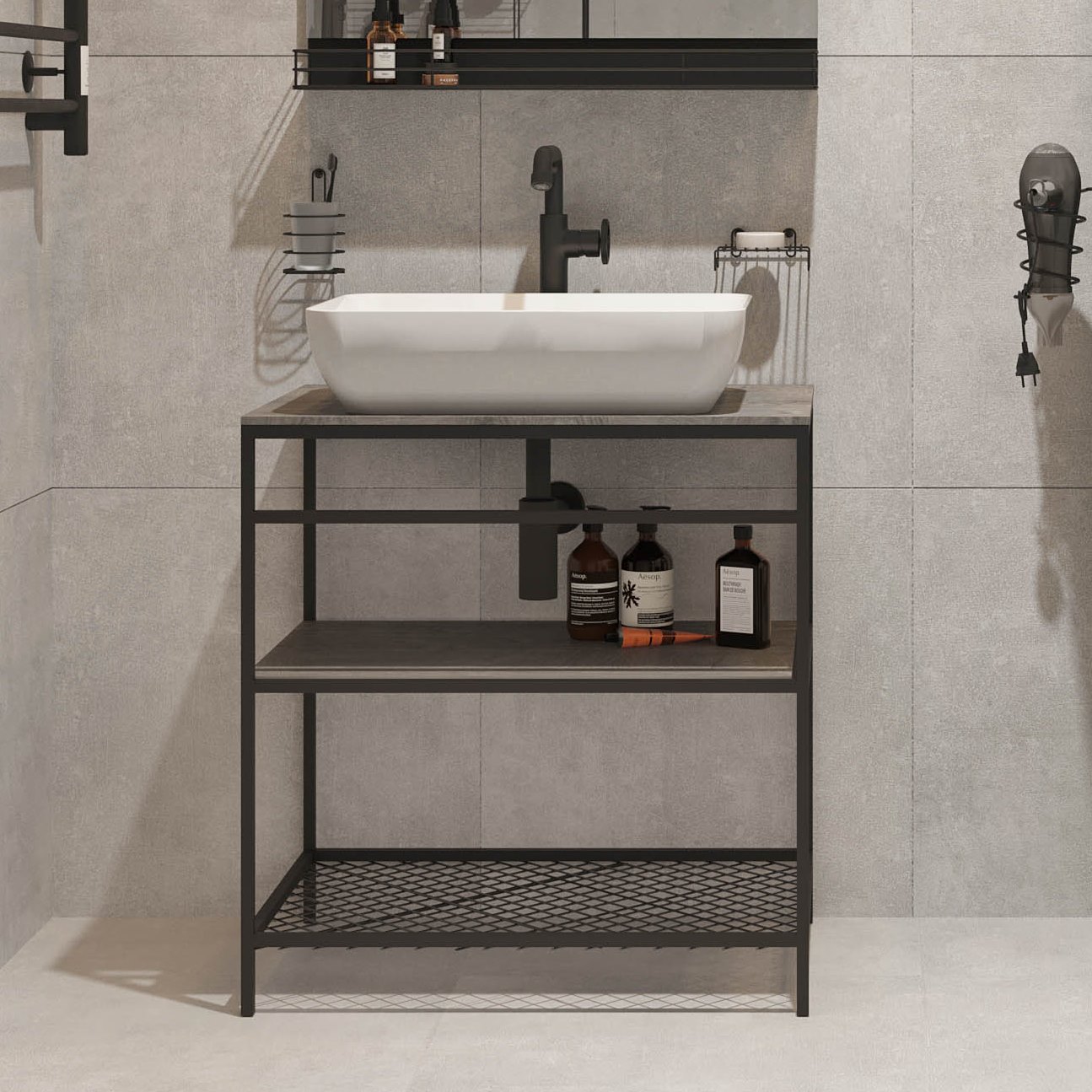 Мебель для ванной STWORKI Нюборг 70 с зеркалом, в стиле лофт, черная (комплект, гарнитур) 483894 - 1