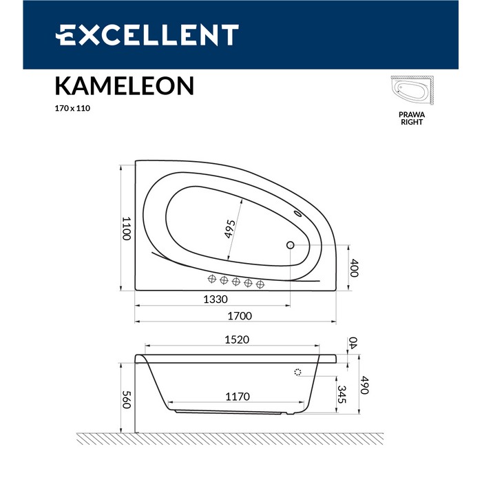 Акриловая ванна Excellent Kameleon 170x110 белая правая с гидромассажем WAEX.KMP17.LINE.CR - 1
