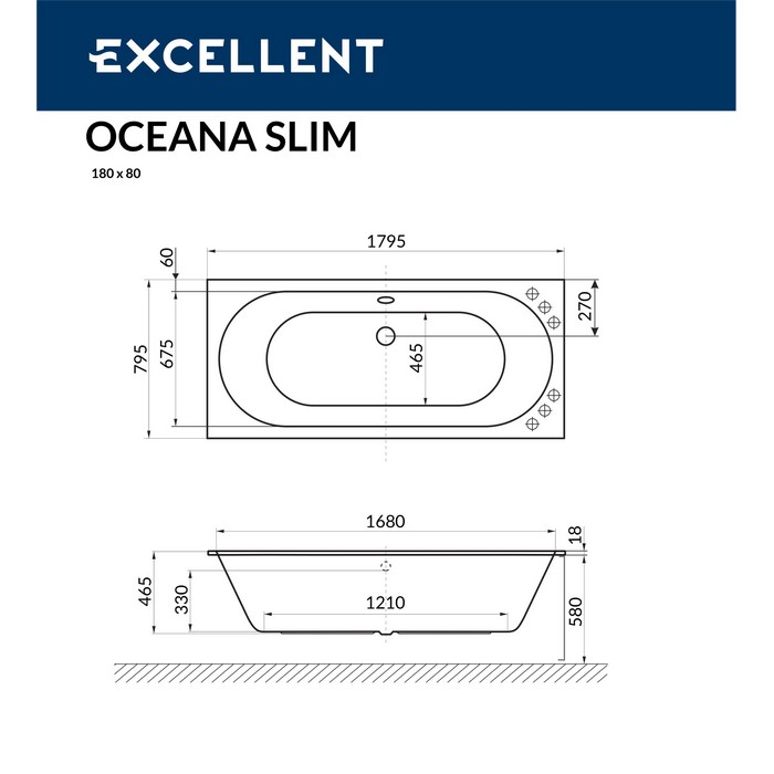 Ванна акриловая Excellent Oceana Slim Line 180х80 с гидромассажем белый - хром WAEX.OCE18S.LINE.CR - 7