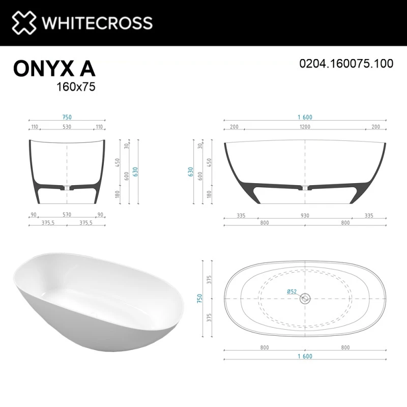 Ванна из литьевого мрамора Whitecross Onyx A 160x75 белая глянцевая 0204.160075.100 - 3
