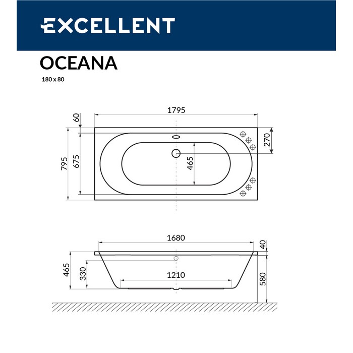 Ванна акриловая Excellent Oceana Ultra 180х80 с гидромассажем белый - бронза WAEX.OCE18.ULTRA.BR - 8