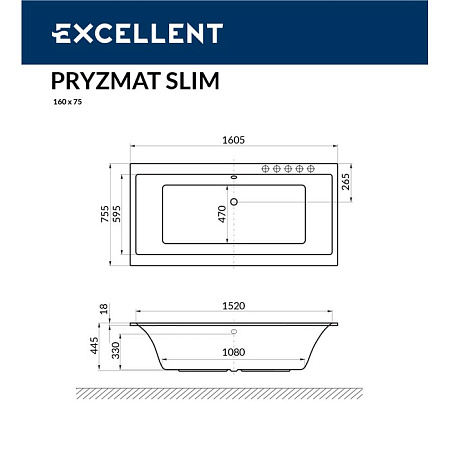 Акриловая ванна Excellent Pryzmat Slim 160x75 белая бронза с гидромассажем WAEX.PRY16S.SMART.BR - 2