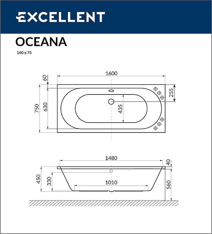 Ванна акриловая Excellent Oceana Line 160 x 75 с гидромассажем белый - золото WAEX.OCE16.LINE.GL - 7