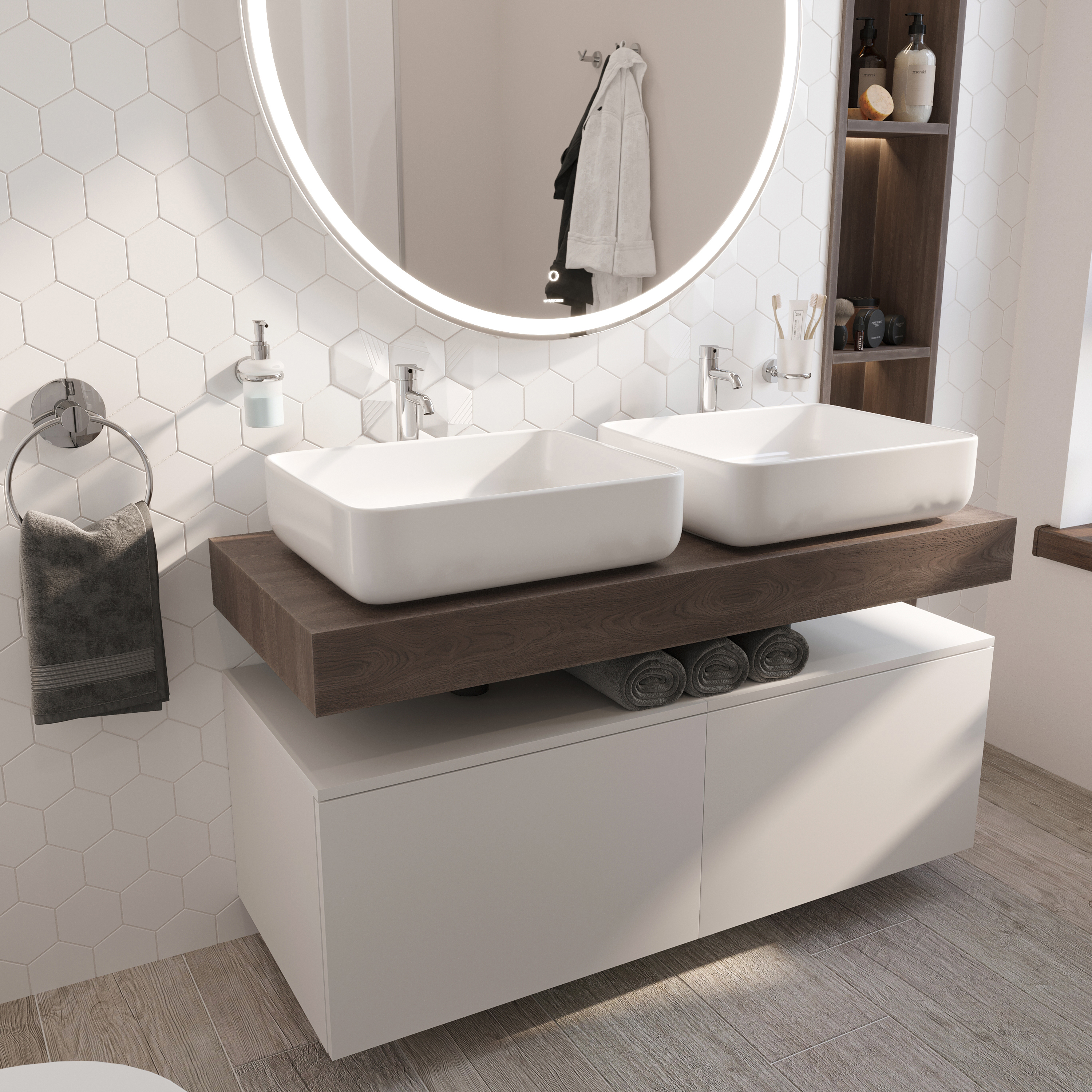 Мебель для ванной STWORKI Ольборг 120 столешница дуб карпентер, без отверстий, 2 тумбы 60 + 2 раковины STWORKI Soul 1 белой 489335 - 4