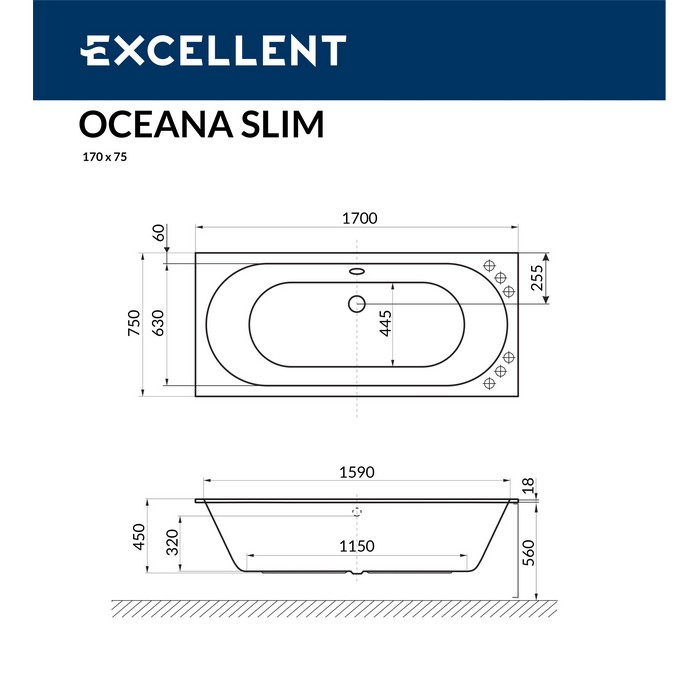 Ванна акриловая Excellent Oceana Slim Nano 170х75 с гидромассажем белый - хром WAEX.OCE17S.NANO.CR - 9