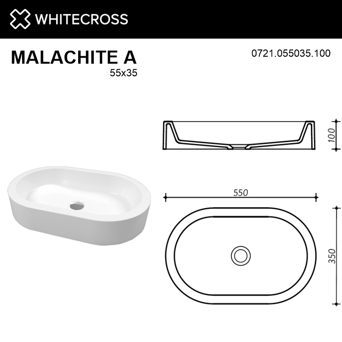 Раковина накладная Whitecross Malachite A 55х35 белая глянцевая 0721.055035.100 - 3