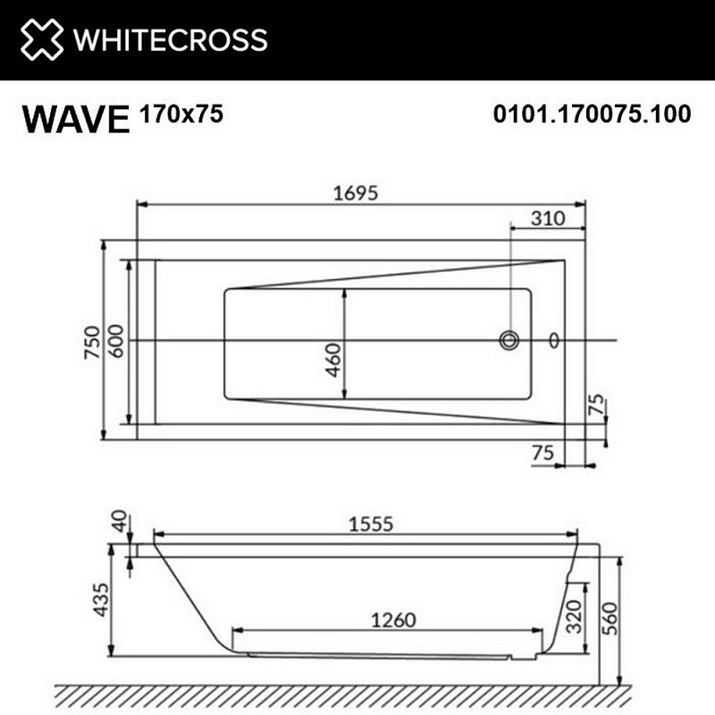 Акриловая ванна Whitecross Wave 170х75 белая хром с гидромассажем 0101.170075.100.RELAX.CR - 1