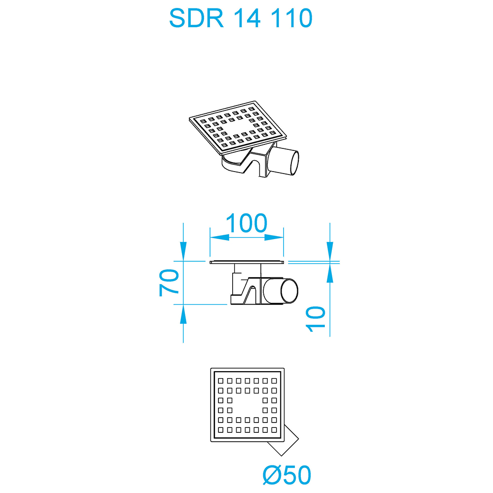 Душевой трап RGW SDR-14B-11 квадрат 110*110 черный Ø 50 мм без ножек, с решеткой 47211411-04 - 2