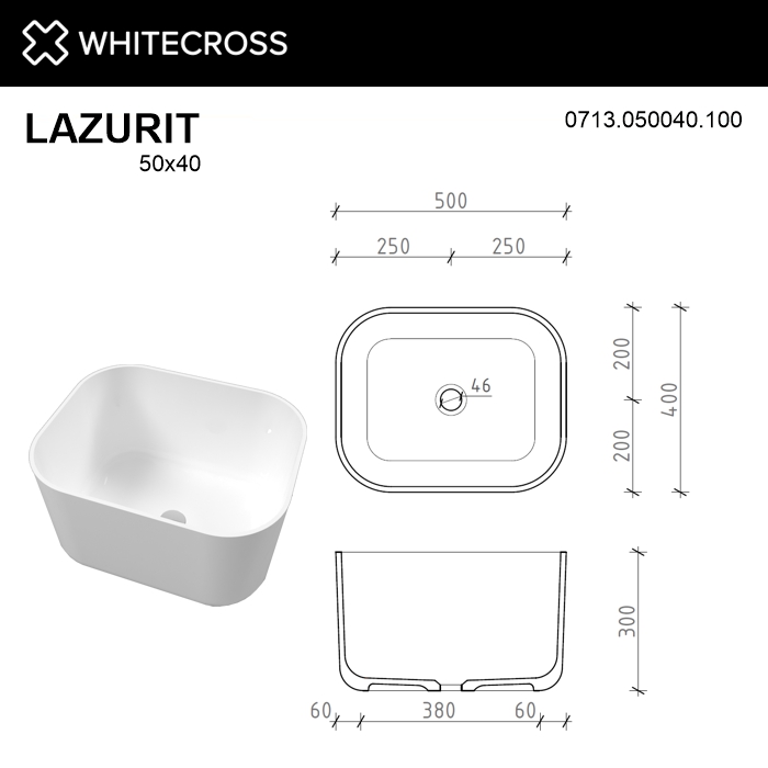 Раковина накладная Whitecross Lazurit 50х40 белая глянцевая 0713.050040.100 - 3