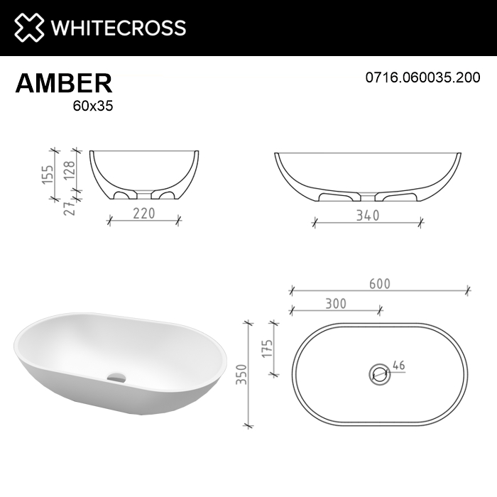 Раковина накладная Whitecross Amber 60x35 белый матовый 0716.060035.200 - 6