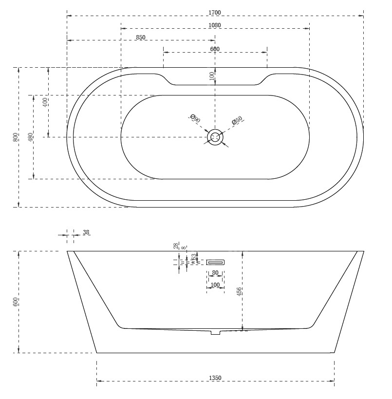 Акриловая ванна Abber 170x80, универсальная  AB9299-1.7 - 3