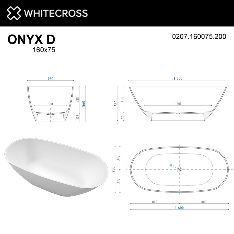 Ванна из литьевого мрамора Whitecross Onyx D 160x75 белая матовая 0207.160075.200 - 2