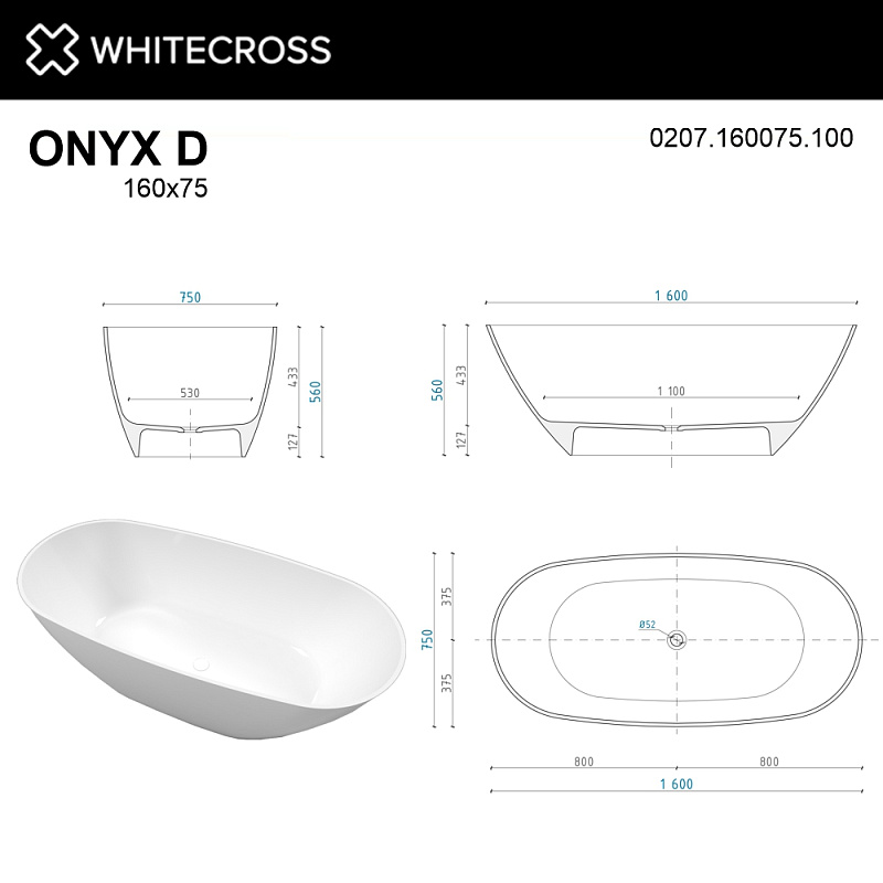 Ванна из литьевого мрамора Whitecross Onyx D 160x75 белая глянцевая 0207.160075.100 - 2
