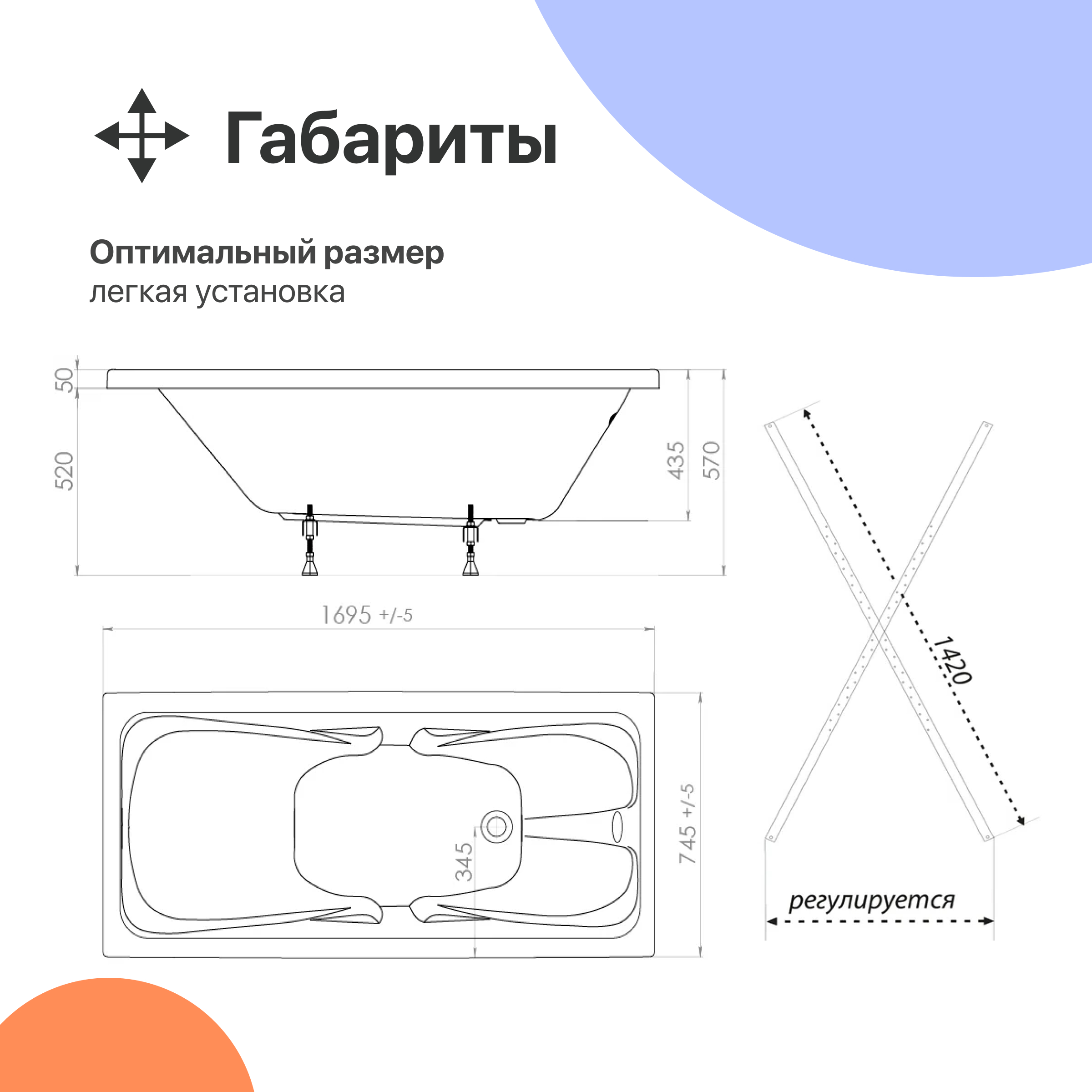 Акриловая ванна DIWO Самара 170x75, пристенная, прямоугольная, российская, в современном стиле, с каркасом 568539 - 5