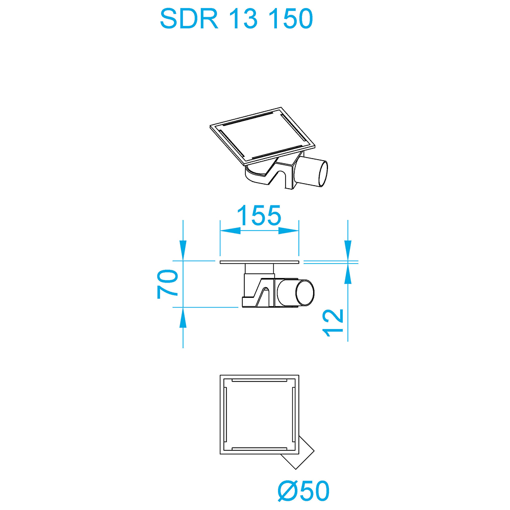 Душевой трап RGW SDR-13-15 квадрат 150*150 хром Ø 50 мм без ножек, с решеткой 47211315-01 - 2