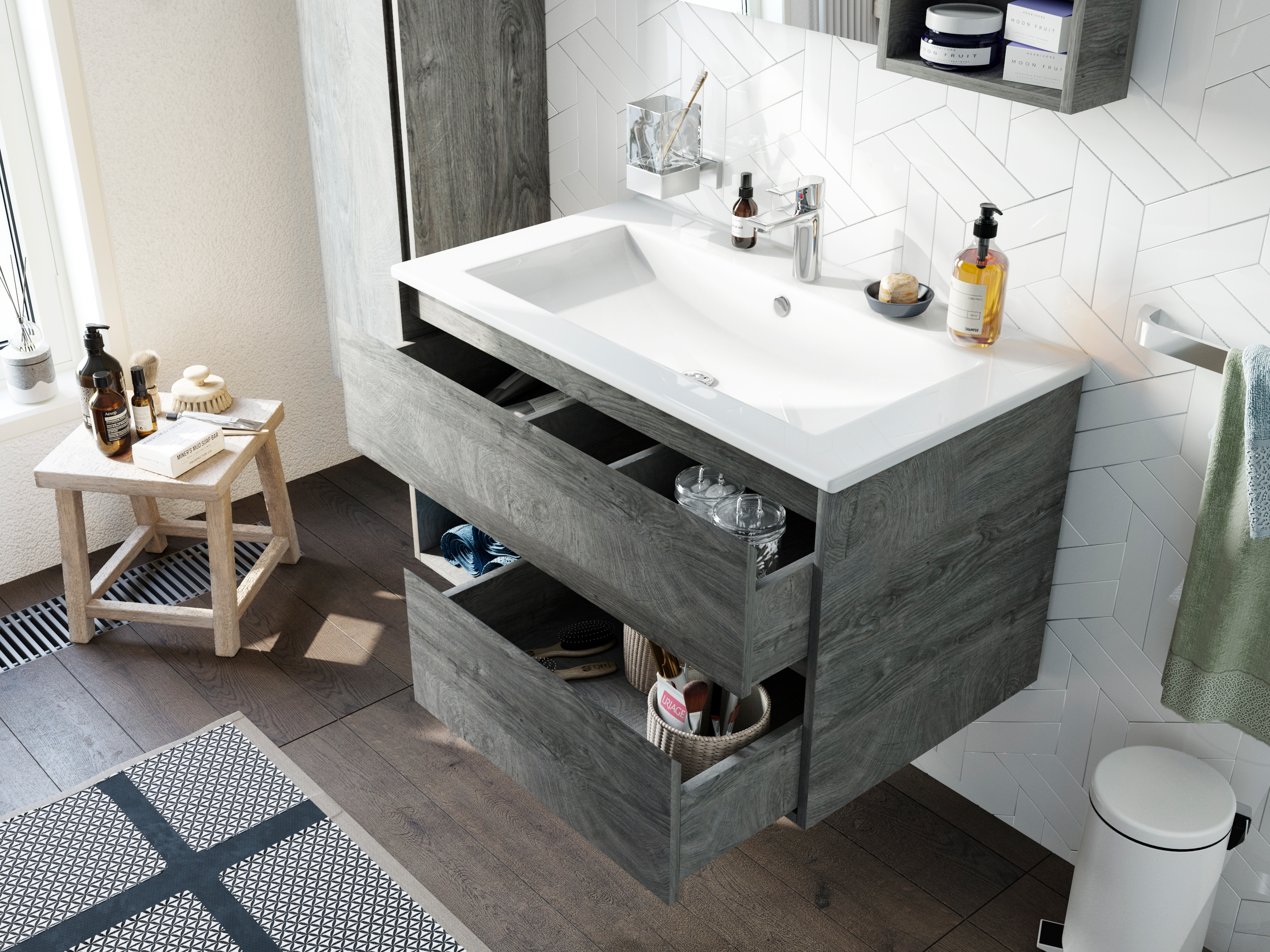 Мебель для ванной STWORKI Карлстад 90 дуб рошелье, в стиле лофт, серая (комплект, гарнитур) 421752 - 5