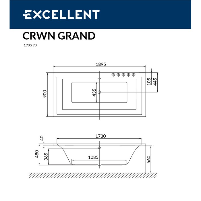Ванна акриловая Excellent Crown Grand Smart 190х90 с гидромассажем белый - хром WAEX.CRG19.SMART.CR - 7