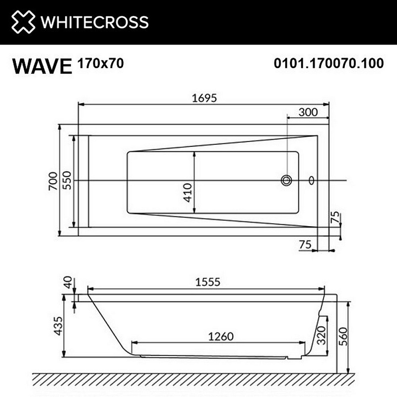 Акриловая ванна Whitecross Wave 170х70 белая хром с гидромассажем 0101.170070.100.SOFT.CR - 1