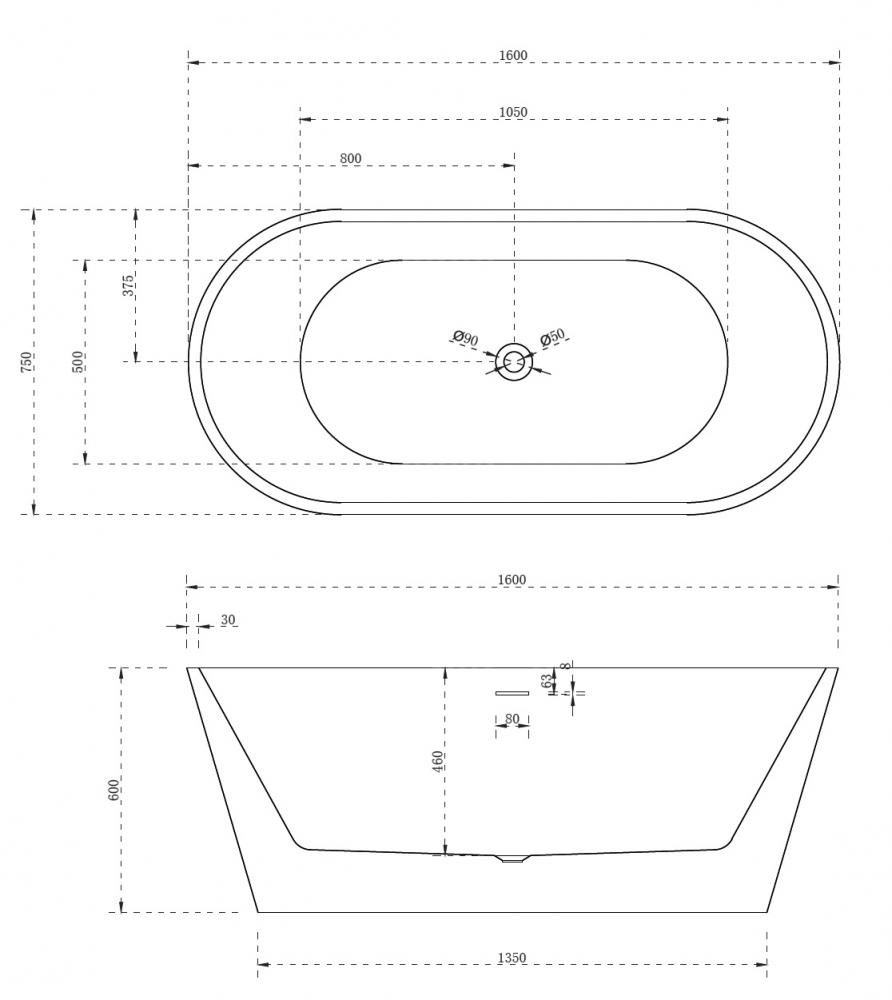 Акриловая ванна Abber 160x75, универсальная  AB9320-1.6 - 3