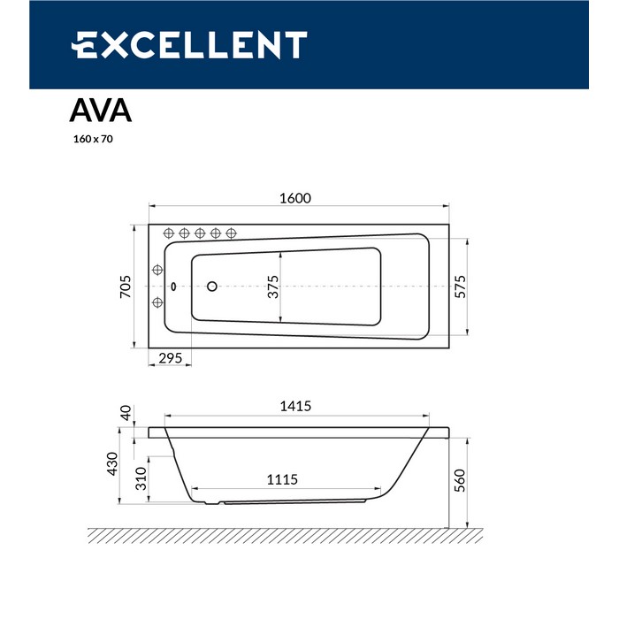 Ванна акриловая Excellent Ava Soft 160х70 с гидромассажем белый - золото WAEX.AVA16.SOFT.GL - 6