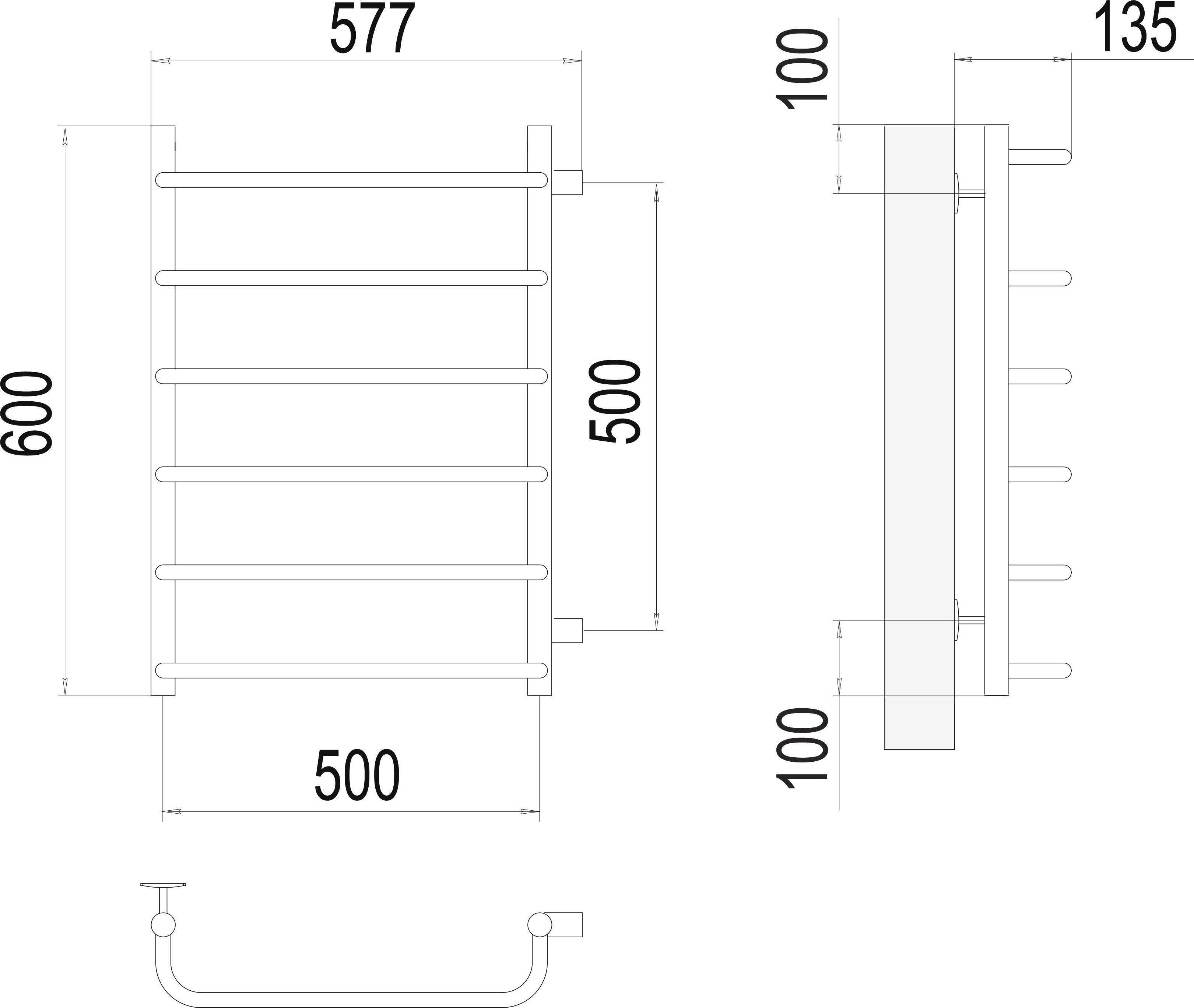 Водяной полотенцесушитель Terminus Стандарт П6 500x600 Хром боковое подключение 4670078530349 - 2