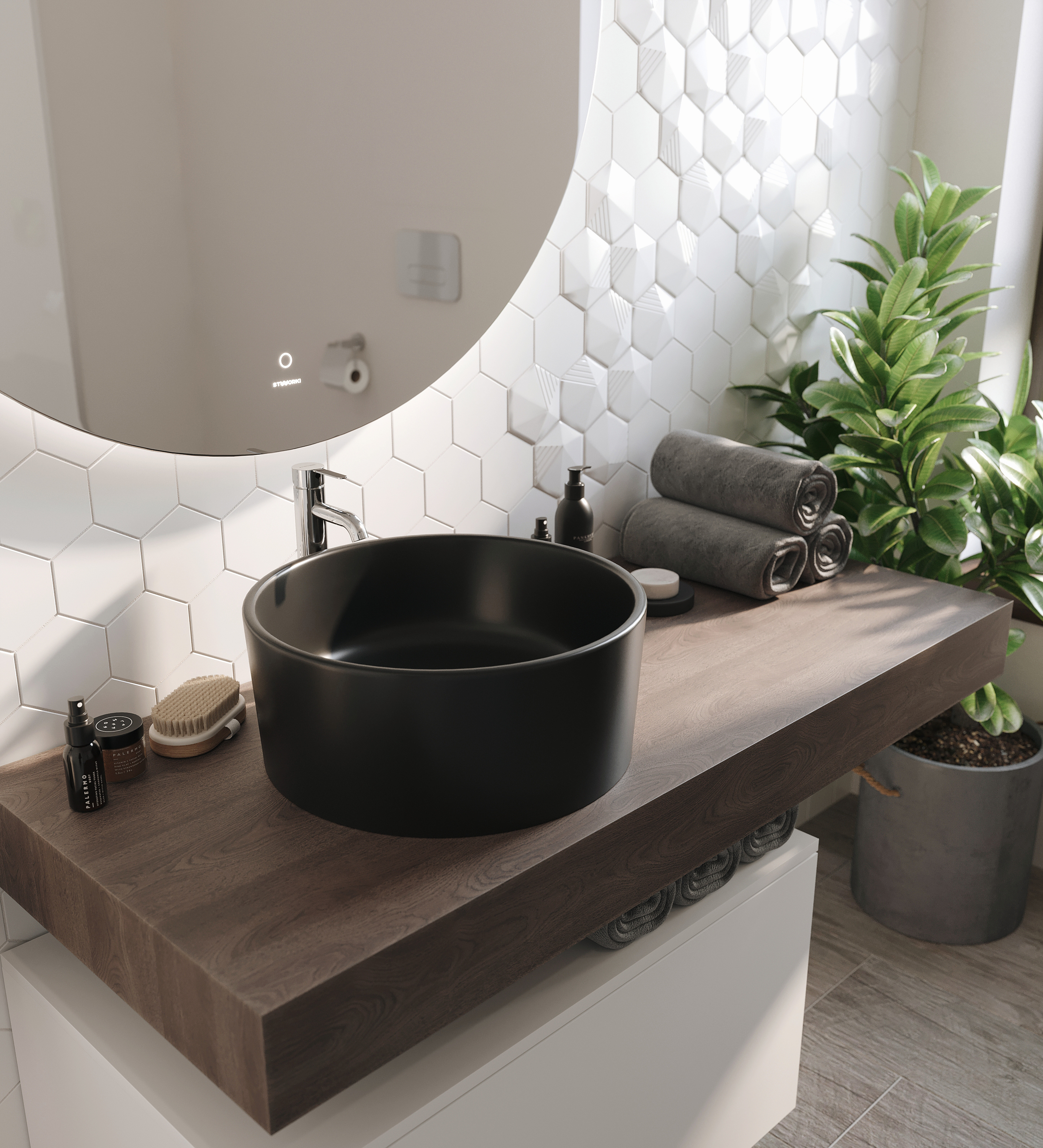 Мебель для ванной STWORKI Ольборг 120 столешница дуб карпентер, без отверстий, с тумбой 80, с раковиной BOCCHI Vessel черной 481991 - 4