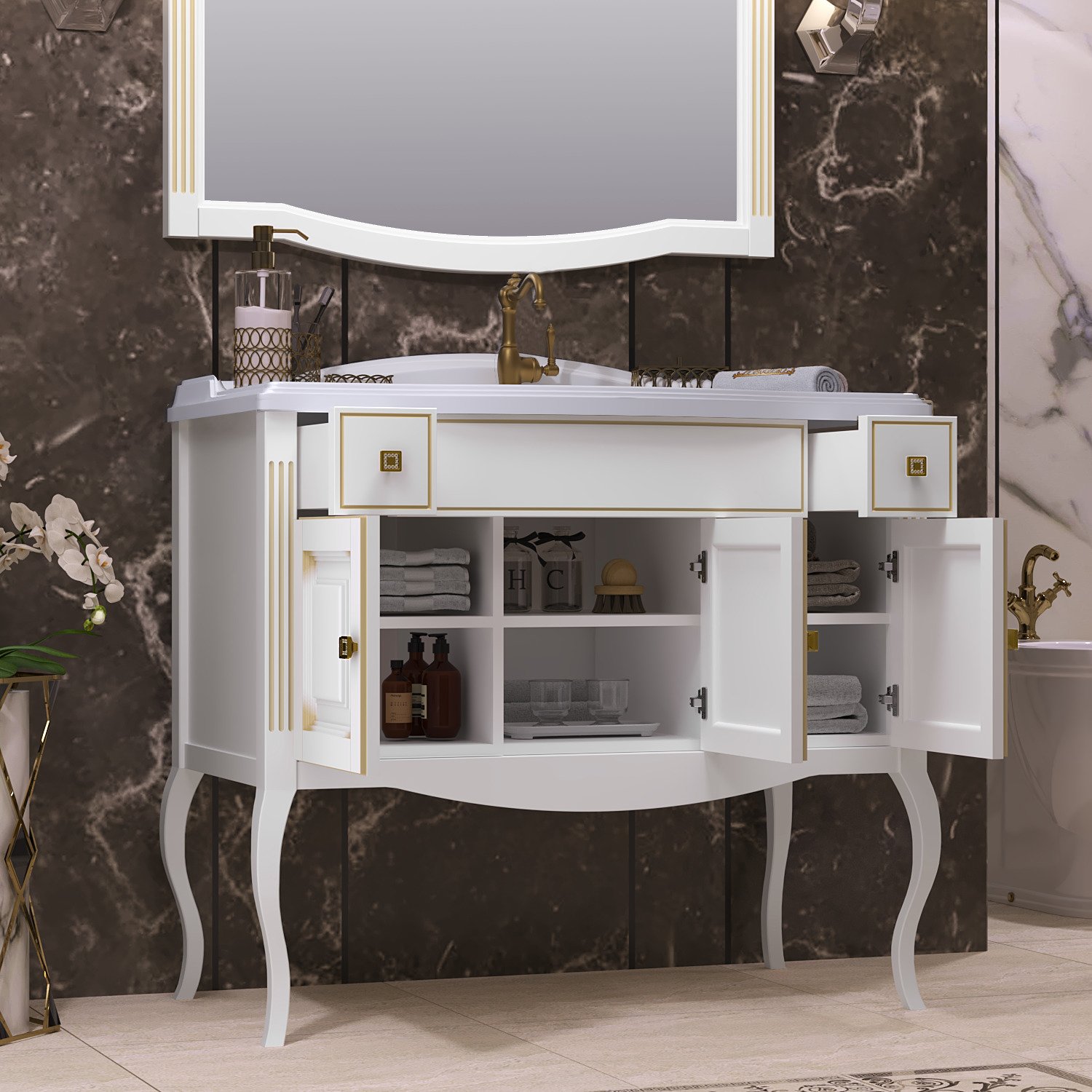 Мебель для ванной Opadiris Лаура 100 белая с патиной, с раковиной из литьевого мрамора - 8