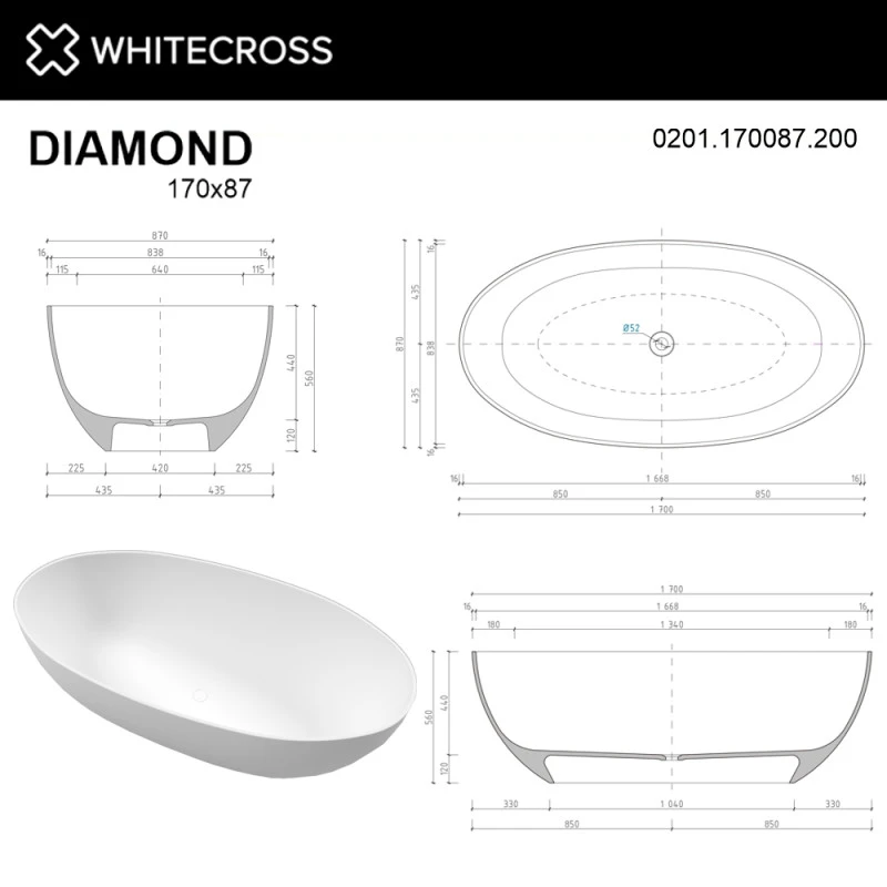 Ванна из литьевого мрамора Whitecross Diamond 170х87 белая матовая 0201.170087.200 - 3