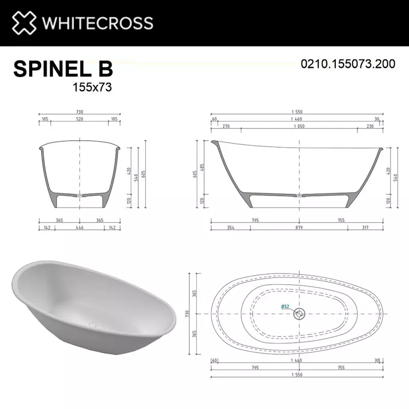 Ванна из искусственного камня Whitecross Spinel B 155х73 белый матовый 0210.155073.200 - 6