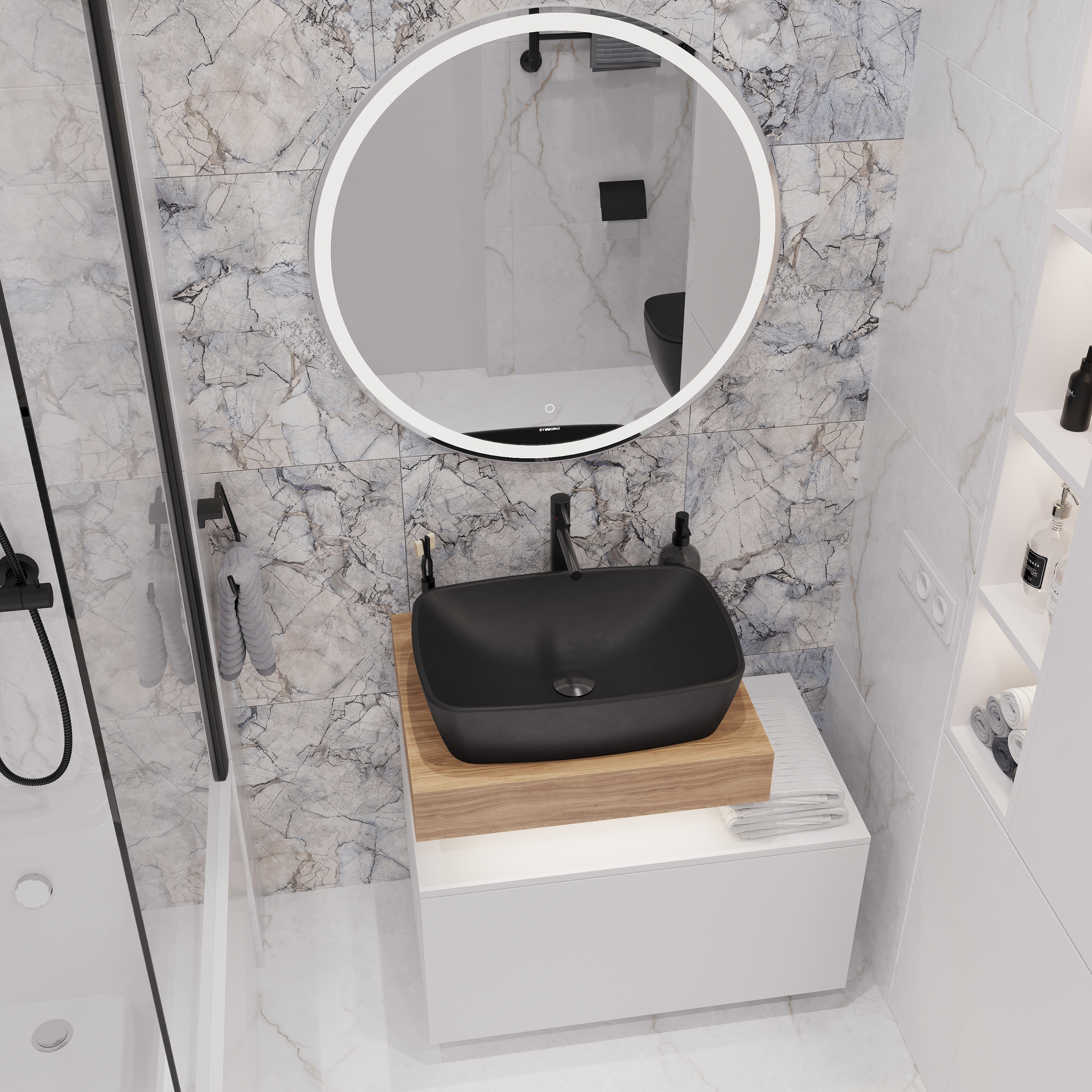 Мебель для ванной STWORKI Ольборг 60 столешница дуб французский, без отверстий, с тумбой 80, с раковиной Vitra Shift черной 542478 - 3