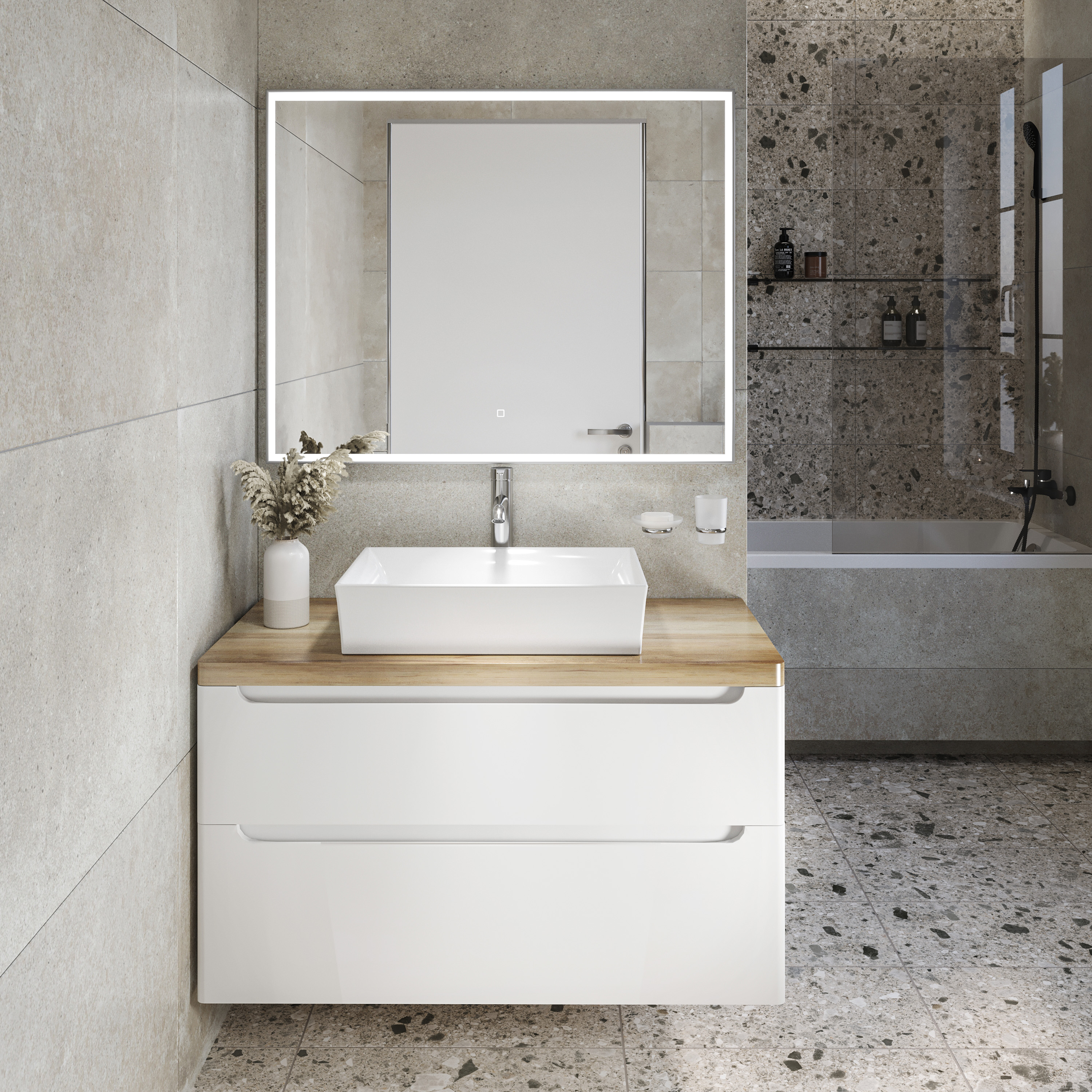 Мебель для ванной STWORKI Берген 100 белая со светлой столешницей, с раковиной Bocchi Vessel 1172-061-0125 566046 - 0