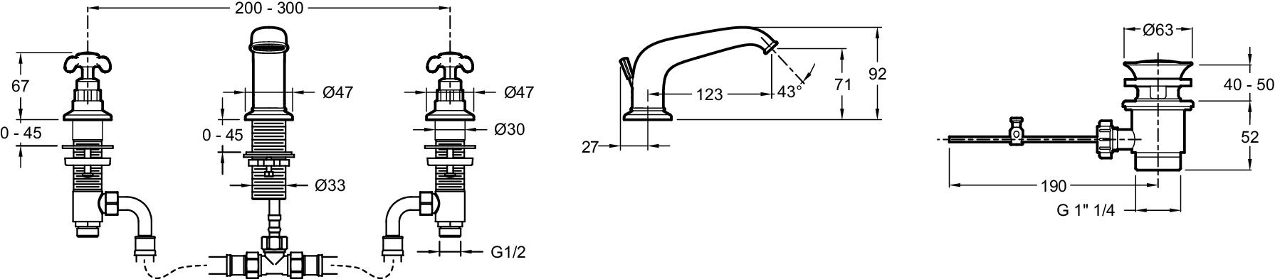 E24306-CP смеситель для раковины CLEO на 3 отверстия, с донным клапаном, ручка вентиль (хром) - 1