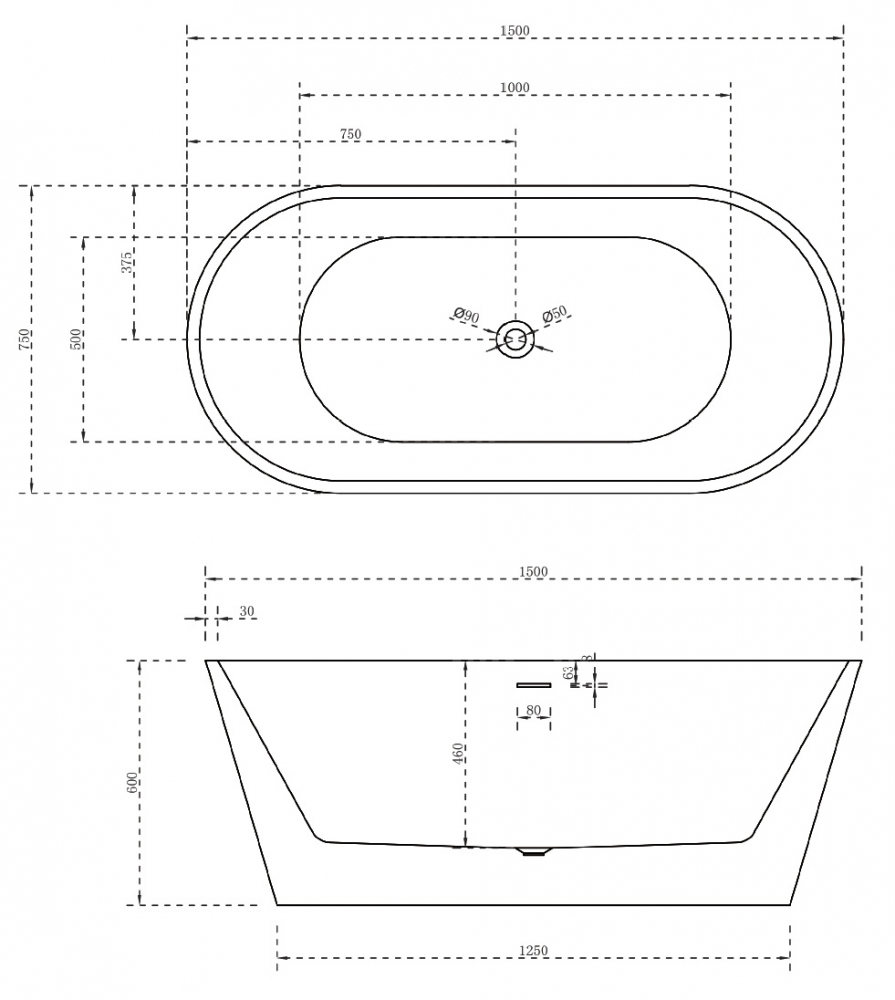 Акриловая ванна Abber 150x75, универсальная  AB9320-1.5 - 3