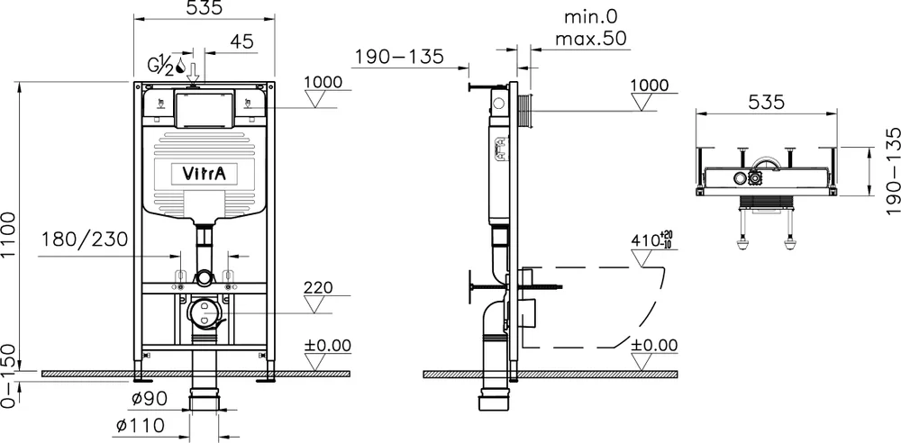 Комплект подвесного унитаза с инсталляцией VitrA S20 белый с сиденьем микролифт и кнопкой хром 9004B003-7207 - 5
