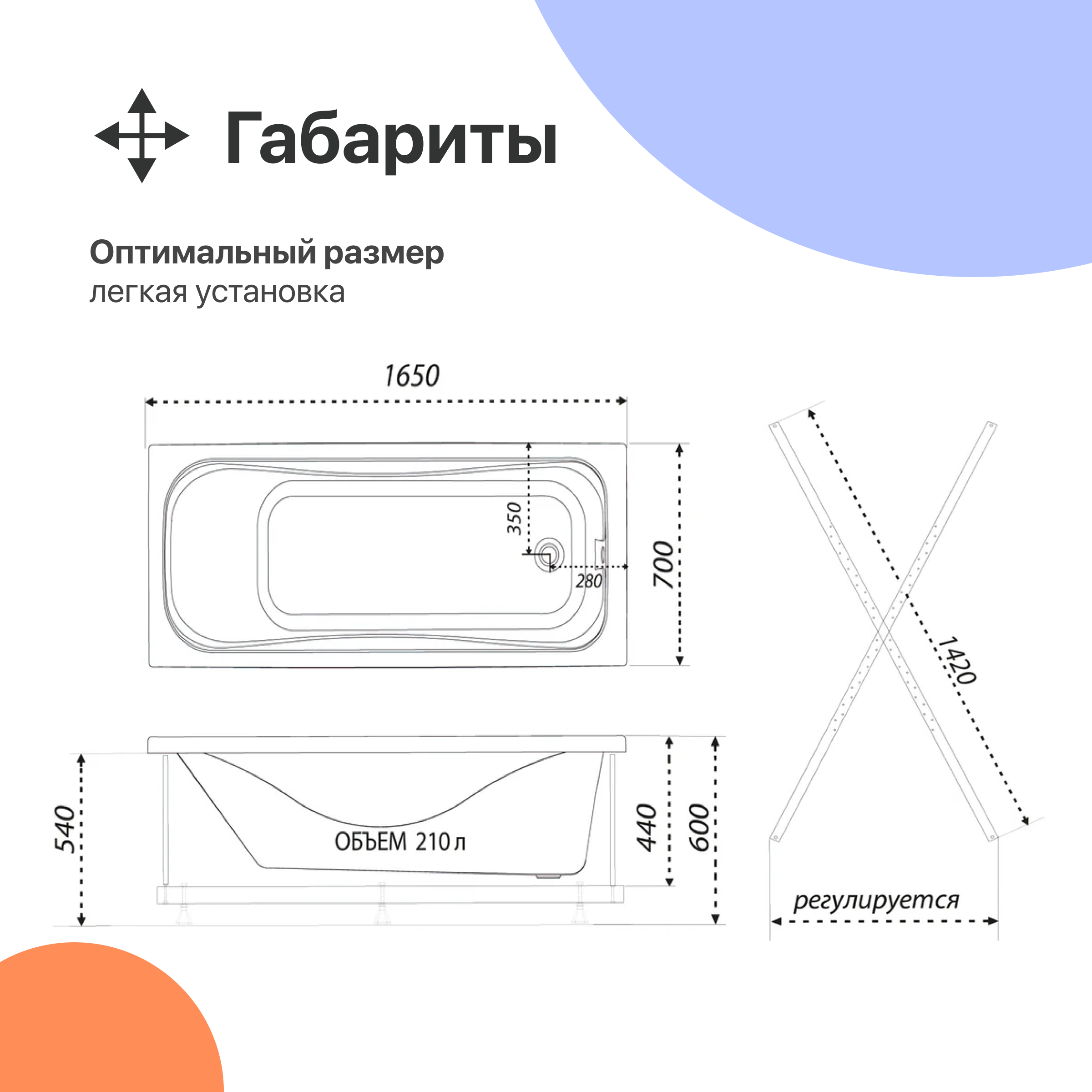Акриловая ванна DIWO Самара 165x70 прямоугольная, пристенная, российская, с каркасом 568535 - 5