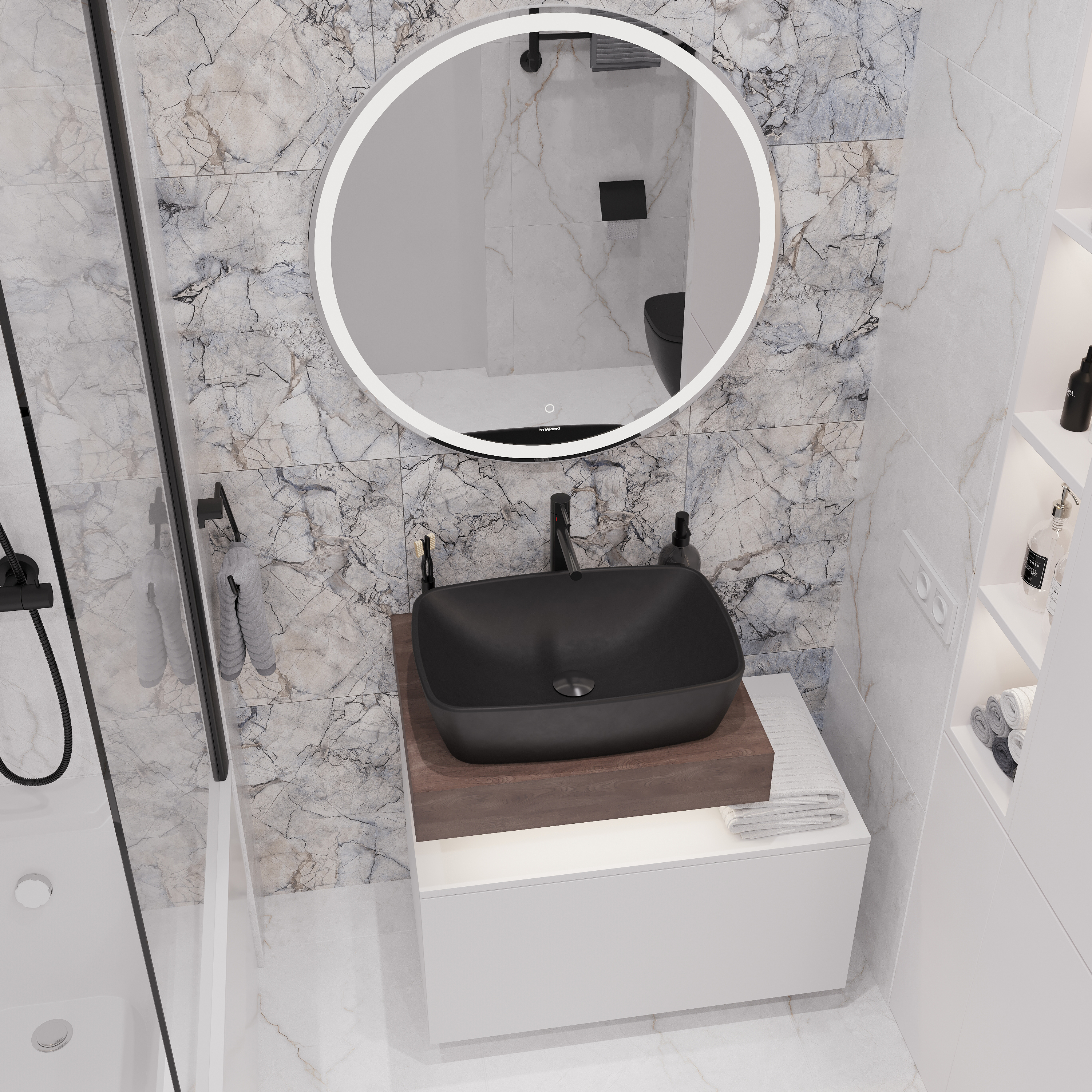 Мебель для ванной STWORKI Ольборг 60 столешница дуб карпентер, без отверстий, с тумбой 80, с раковиной Vitra Shift черной 542616 - 3