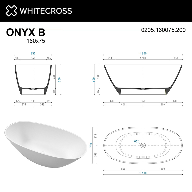 Ванна из литьевого мрамора Whitecross Onyx B 160x75 белая матовая 0205.160075.200 - 2