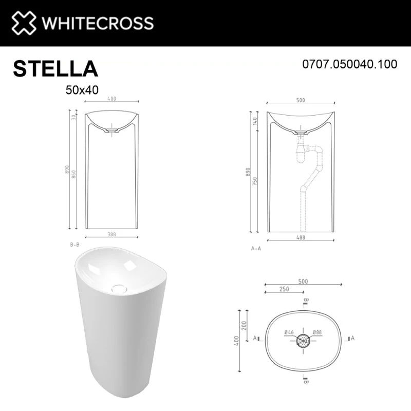 Раковина напольная Whitecross Stella 50х40 белая глянцевая 0707.050040.100 - 3
