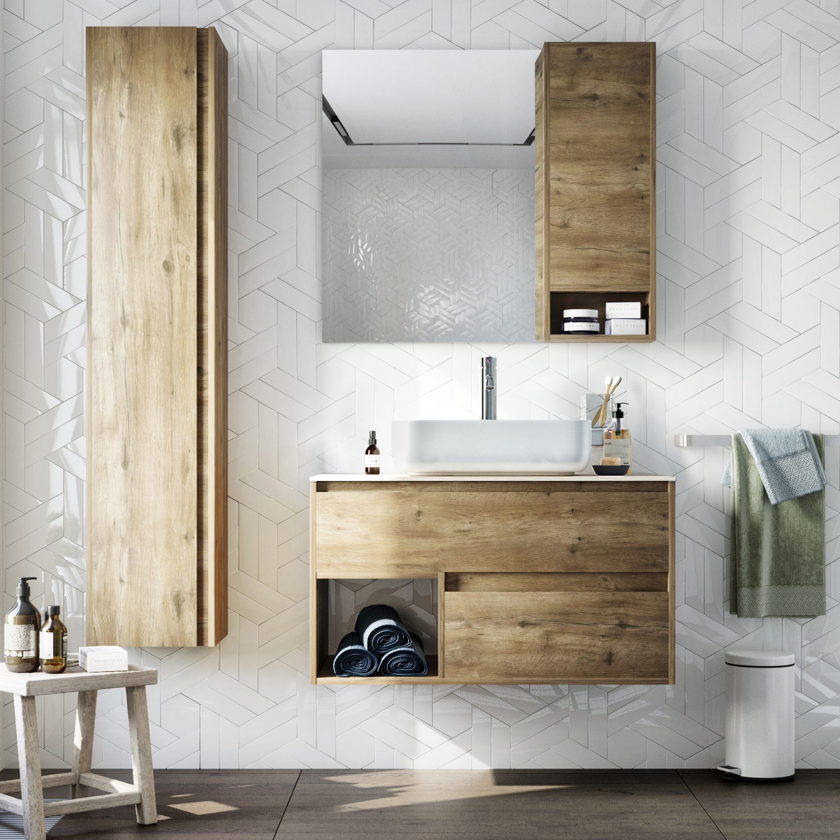 Мебель для ванной STWORKI Карлстад 90 дуб рустикальный, простоун беж, в стиле лофт, подвесная, российская 425512 - 0