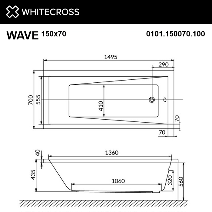 Акриловая ванна Whitecross Wave 150х70 белая хром с гидромассажем 0101.150070.100.RELAX.CR - 1