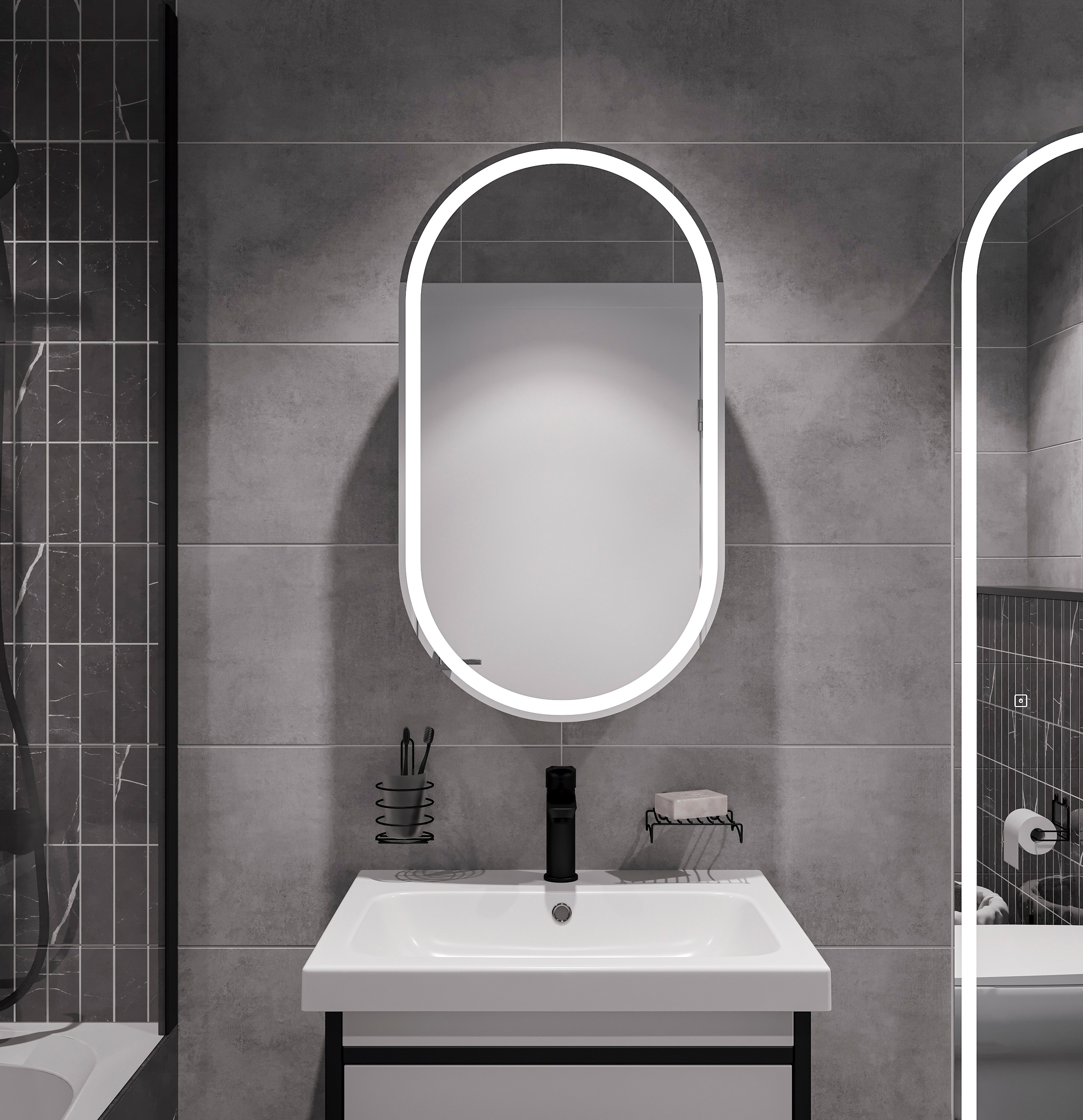 Зеркало-шкаф STWORKI Мальмё МВК074 45, с подсветкой, белый, прямоугольный, навесной, овальный, в стиле лофт - 6