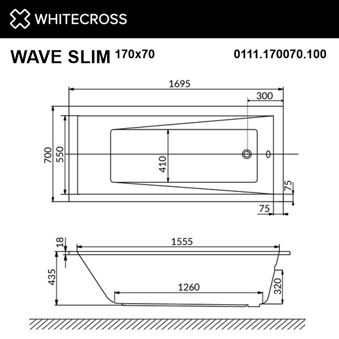 Акриловая ванна Whitecross Wave 170х70 белая золото с гидромассажем 0111.170070.100.SOFT.GL - 2